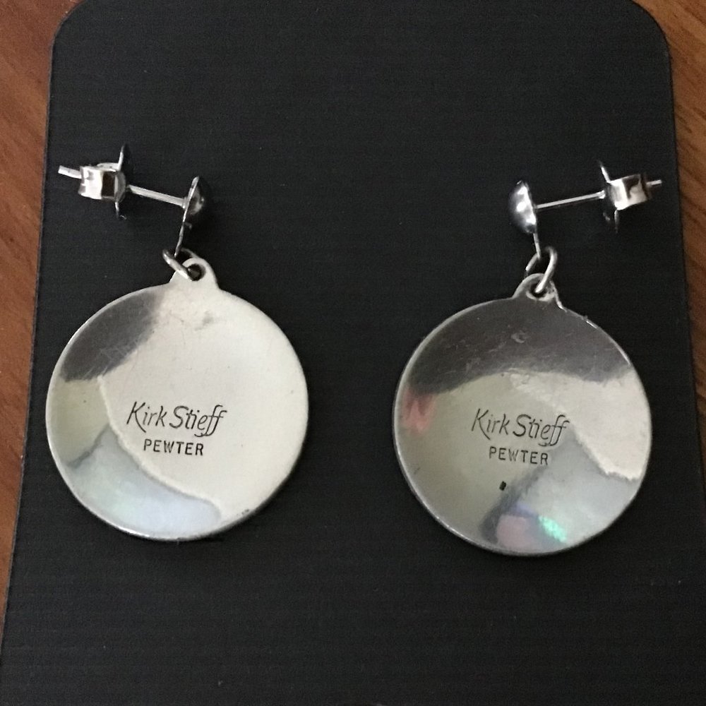 Vintage Pewter Kirk Stieff Earrings Carnations January Birth Flower - Picture 2 of 9
